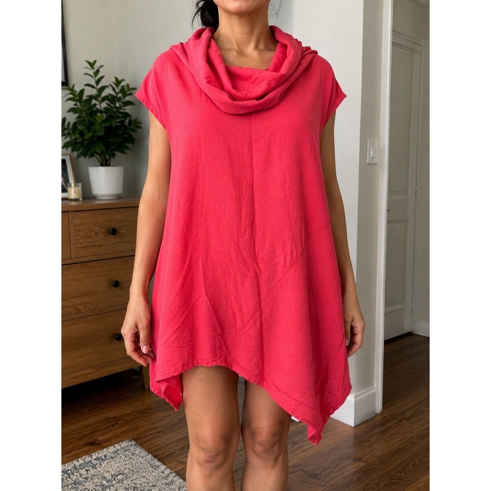 Size M - Coral Pink Boho Cowl Neck Asymmetrical Tunic Top Dress Womens
